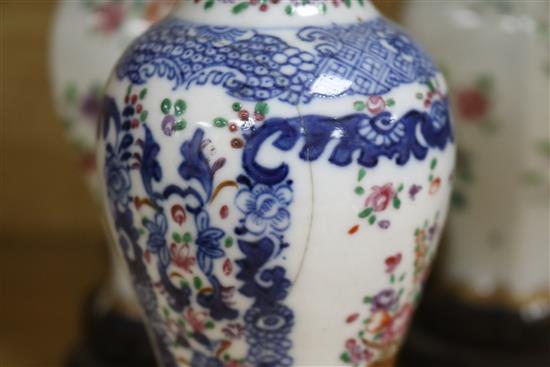 A pair of Chinese famille rose vases, a pair Samson vases and cover, and an Imari vase and cover smallest 15cm, tallest 22cm